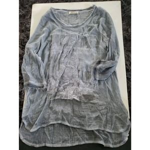 Simply Couture XL Grayish Blue Raw Edges Semi Sheer Long Sleeve Embroidery Tunic